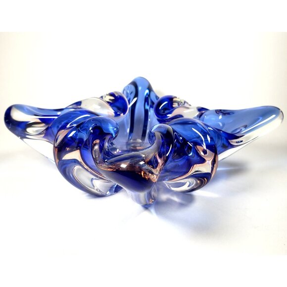 Sanyu Art Glass Decorative Bowl Blue Clear and Pink Heavy Vintage Japanese - Picture 3 of 9